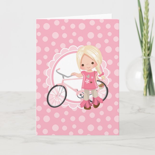 Blonde Bicycle Girl - Pink White Card (Front)