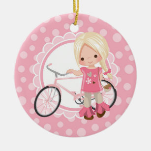 Blonde Bicycle Girl - Pink White Ceramic Tree Decoration