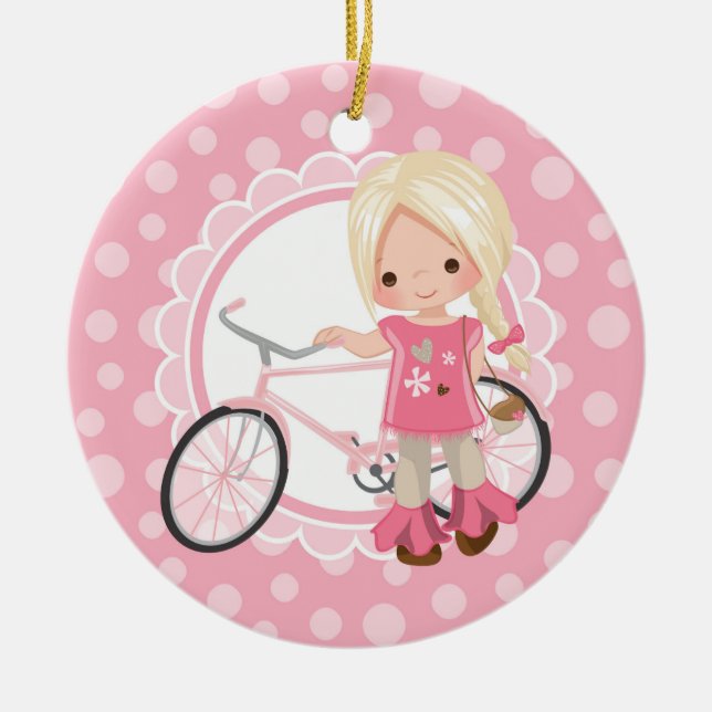 Blonde Bicycle Girl - Pink White Ceramic Tree Decoration (Front)
