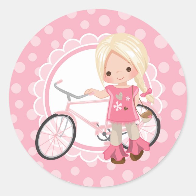 Blonde Bicycle Girl - Pink White Classic Round Sticker (Front)