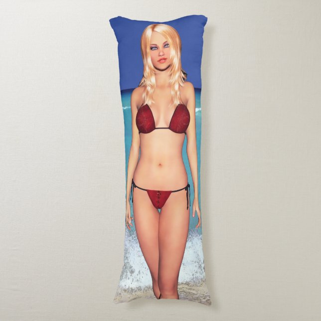 Blonde Bikini Beach Babe Body Cushion (Front Vertical)