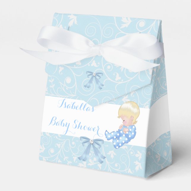 Blonde Boy Baby Shower Blue Cute Baby Favour Favour Box (Front Side)
