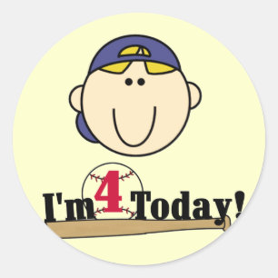 Blonde Boy Baseball 4th Birthday Classic Round Sticker