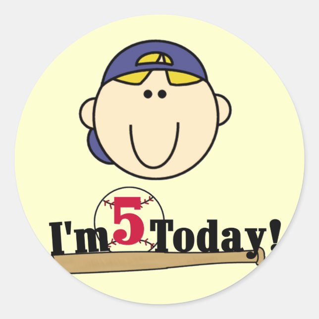 Blonde Boy Baseball 5th Birthday Classic Round Sticker (Front)