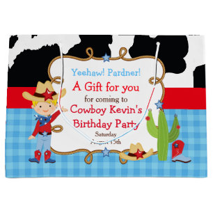 Blonde Boy Cowboy Western Birthday Thank You Large Gift Bag
