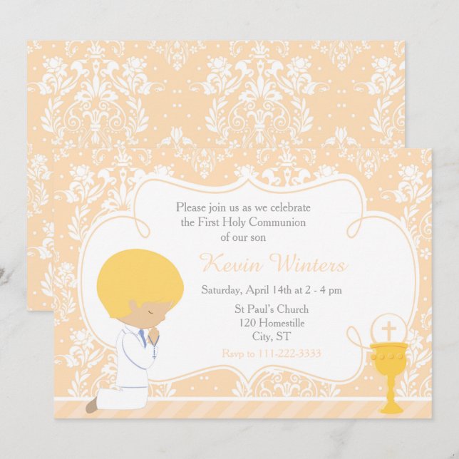 Blonde Boy First Communion Damask Invitation (Front/Back)