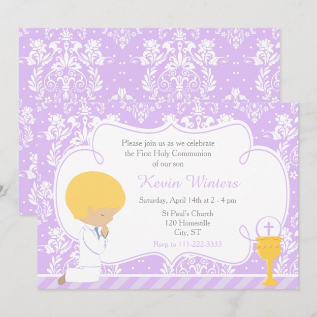 Blonde Boy First Communion Damask Invitation (Front/Back)