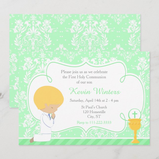 Blonde Boy First Communion Damask Invitation (Front/Back)