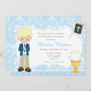 Blonde Boy First Communion Damask Invitation