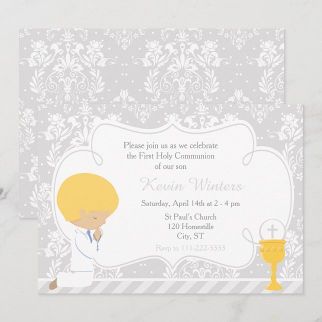 Blonde Boy First Communion Damask Invitation (Front/Back)