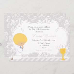 Blonde Boy First Communion Damask Invitation