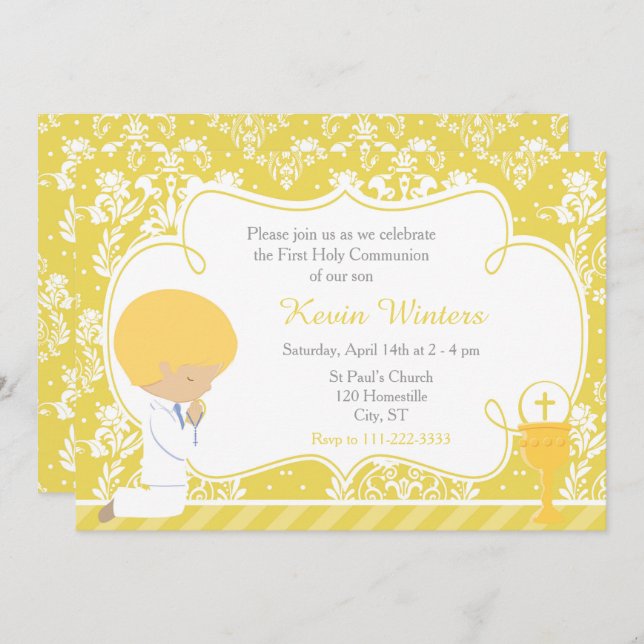 Blonde Boy First Communion Damask Invitation (Front/Back)