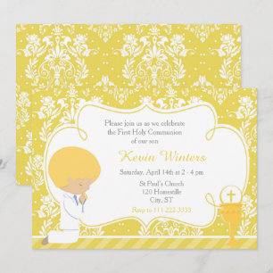 Blonde Boy First Communion Damask Invitation