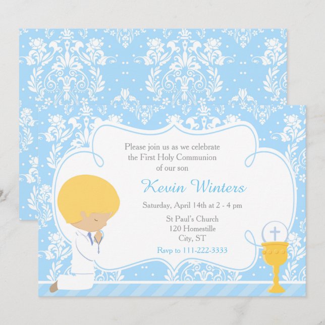 Blonde Boy First Communion Damask Invitation (Front/Back)