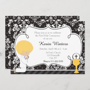 Blonde Boy First Communion Damask Invitation