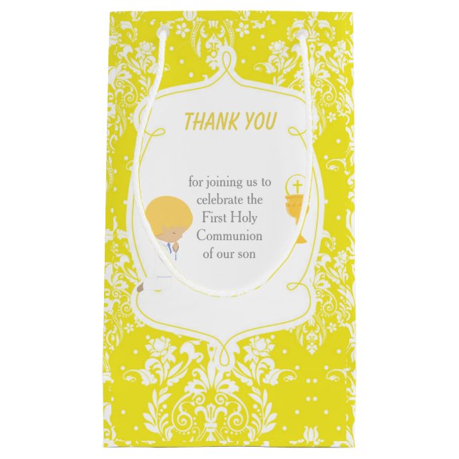 Blonde Boy First Communion Damask Small Gift Bag (Front)