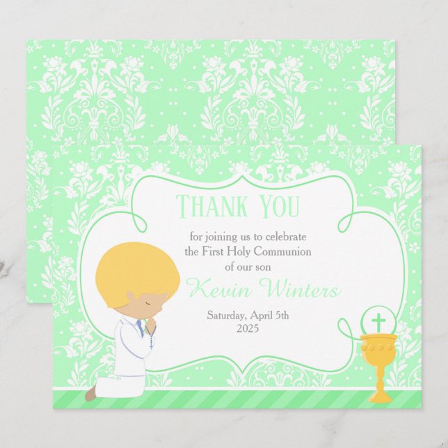 Blonde Boy First Communion Damask Thank You Card (Front/Back)