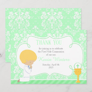 Blonde Boy First Communion Damask Thank You Card