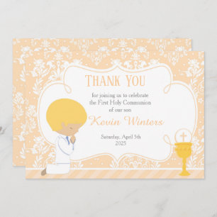 Blonde Boy First Communion Damask Thank You Card