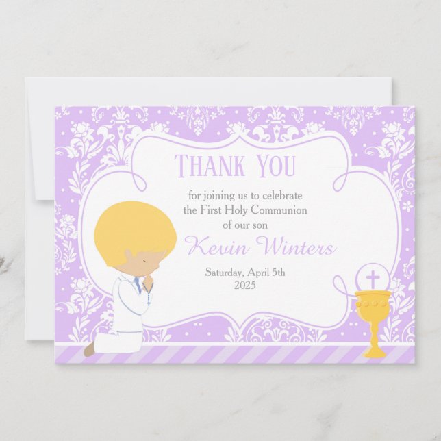 Blonde Boy First Communion Damask Thank You Card (Front)
