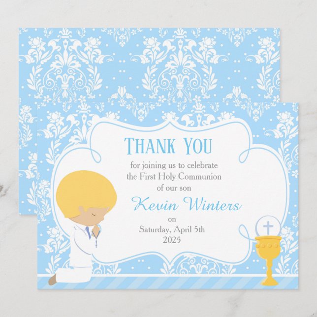 Blonde Boy First Communion Damask Thank You Card (Front/Back)