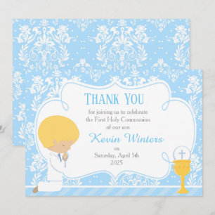 Blonde Boy First Communion Damask Thank You Card