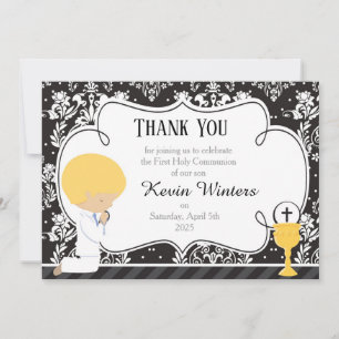 Blonde Boy First Communion Damask Thank You Card