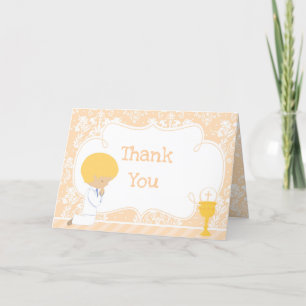 Blonde Boy First Communion Damask 'Thank You' Thank You Card