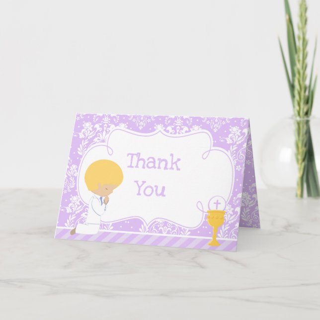 Blonde Boy First Communion Damask  'Thank You' Thank You Card (Front)