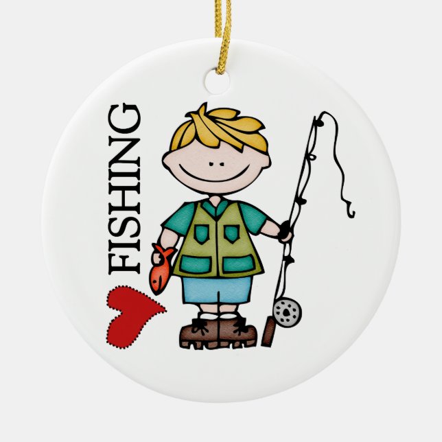 Blonde Boy I Love Fishing Ceramic Tree Decoration (Front)
