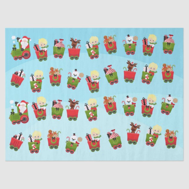 Blonde Boy Riding Christmas Train Tissue Paper (Front)