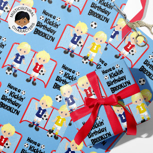 Blonde Boy Soccer Birthday Personalised Wrapping Paper