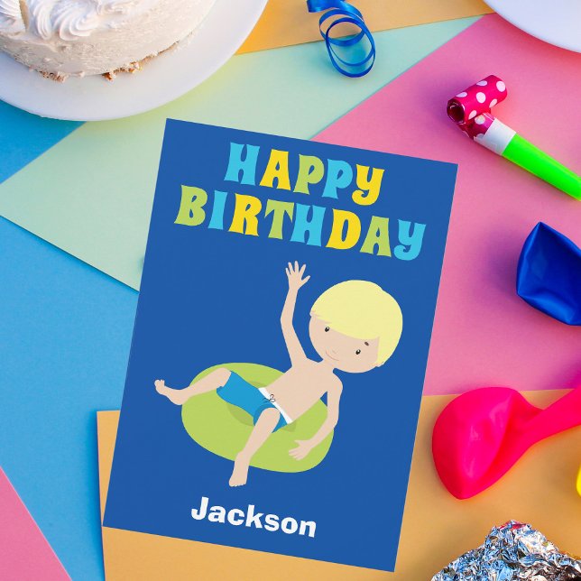Blonde Boy Swimmer Custom Kids Happy Birthday Card (Creator Uploaded)
