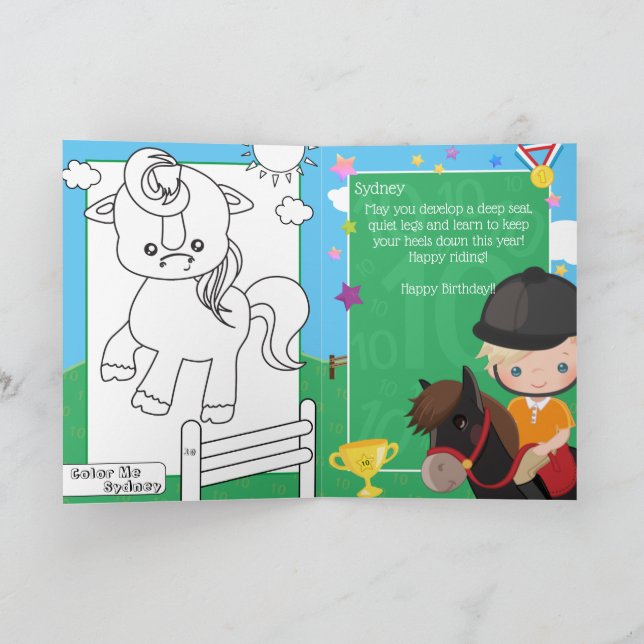 Blonde Boys Equestrian Colouring Page Birthday Card (Inside)