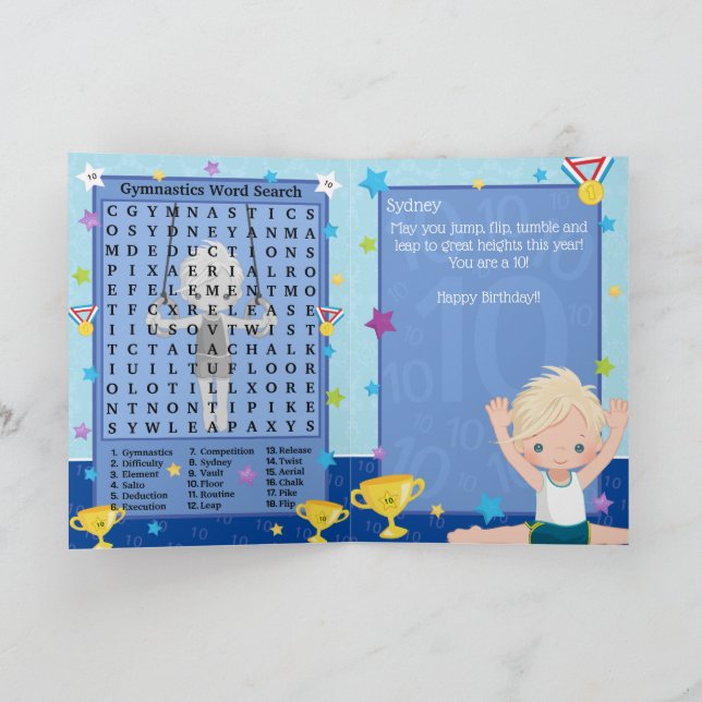 Blonde Boys Gymnastics Word Search Happy Birthday Card (Inside)