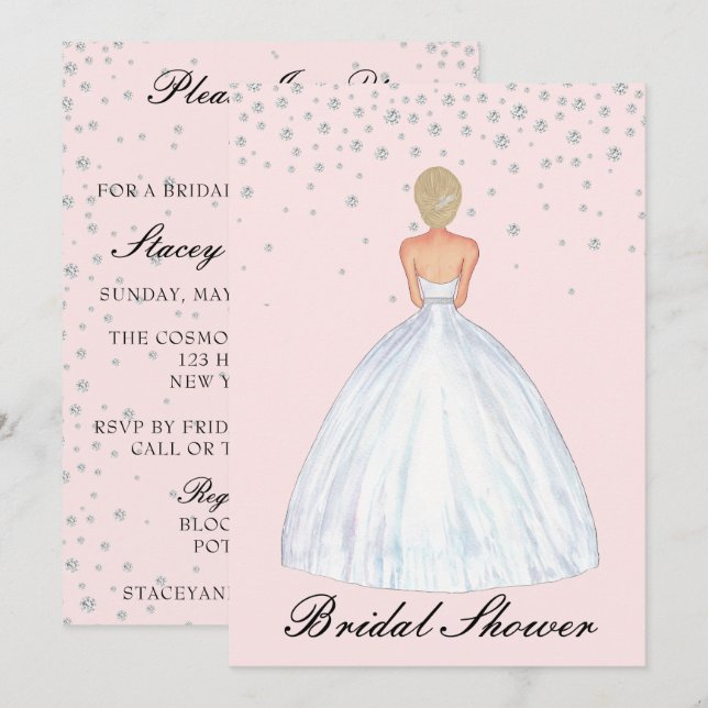 Blonde Bride Illustration Diamond Bridal Shower Invitation (Front/Back)