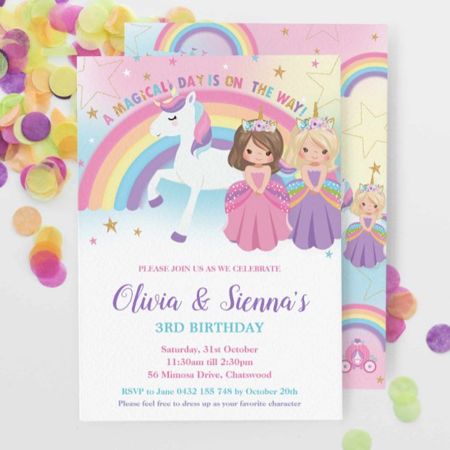 Blonde Brunette Twins Princesses Unicorn Birthday Invitation (Creator Uploaded)