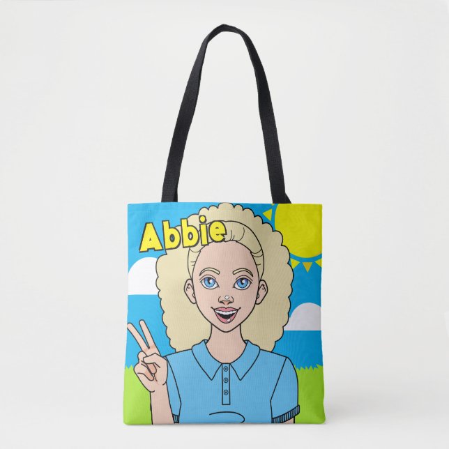 Blonde Cartoon Girl School Student Name Library Tote Bag (Front)