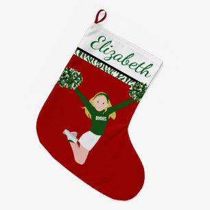 Blonde Cheerleader In Green And White Large Christmas Stocking