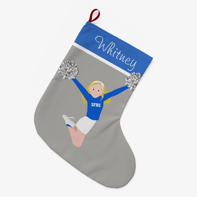 Blonde Cheerleader in White & Blue Large Christmas Stocking (Front (Hanging))