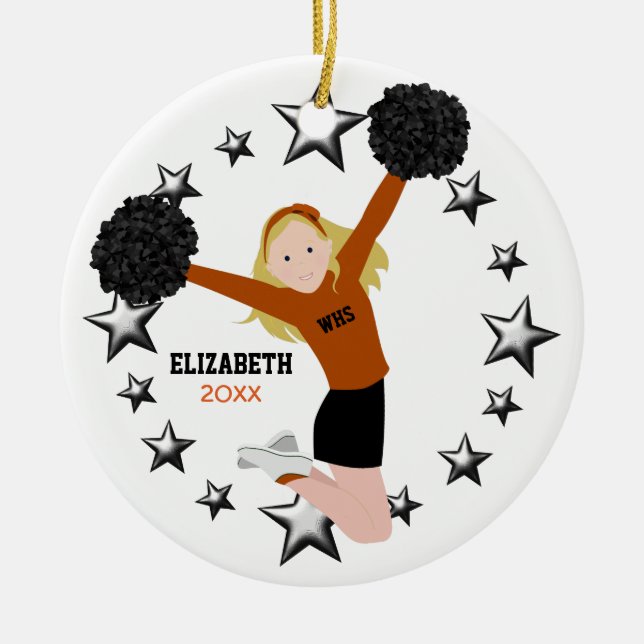 Blonde Cheerleader Pom Poms in Orange & Black Ceramic Tree Decoration (Front)