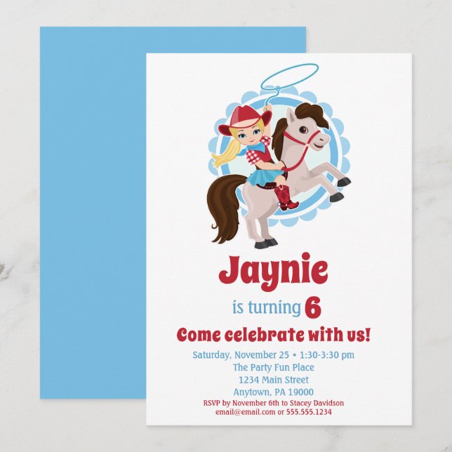Blonde Cowgirl Horse Rodeo Birthday Party Invitation (Front/Back)