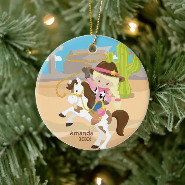 Blonde Cowgirl Horseback Girl Christmas Ornament (Tree)