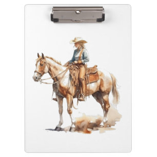 blonde cowgirl riding a horse, customisable clipboard