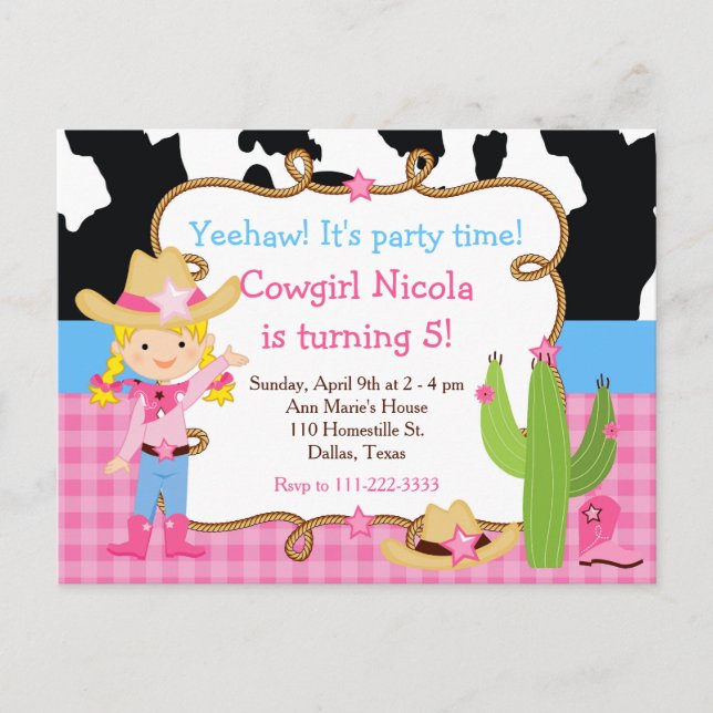 Blonde Cowgirl Western Birthday Party Postcard (Front)