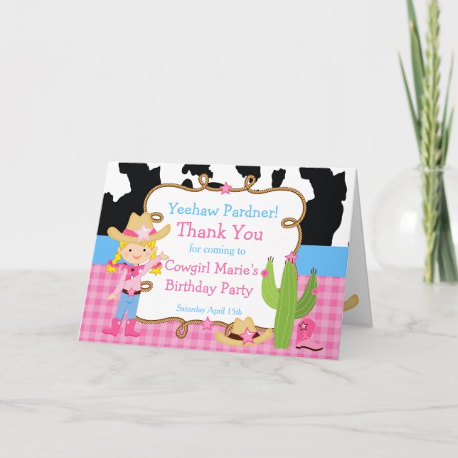 Blonde Cowgirl Western Birthday Party Thank You Card (Front)