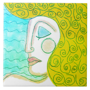 Blonde Curls Abstract Digital Painting of a Woman Tile