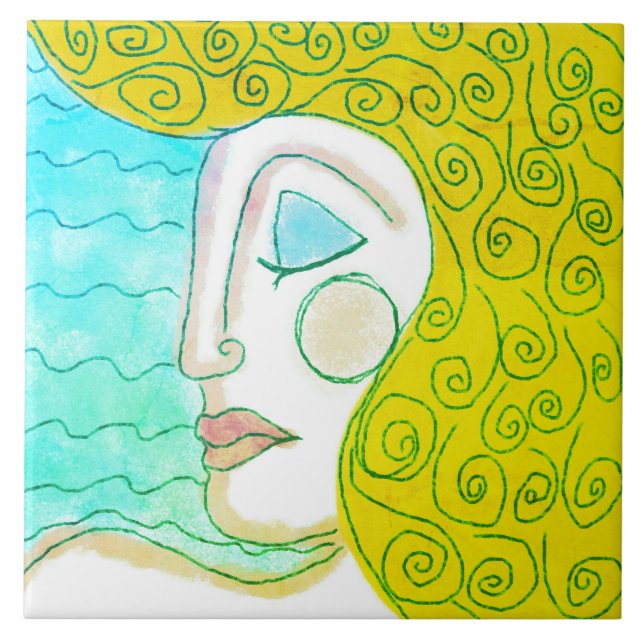 Blonde Curls Abstract Digital Painting of a Woman Tile (Front)