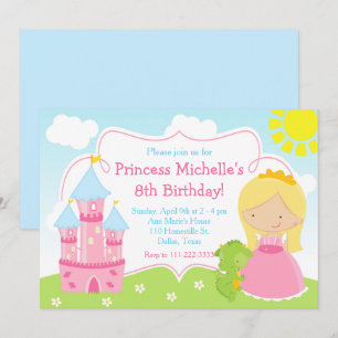 Blonde Cute Princess and Dragon Birthday Party Invitation