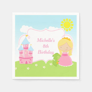 Blonde Cute Princess and Dragon Birthday Party Napkin